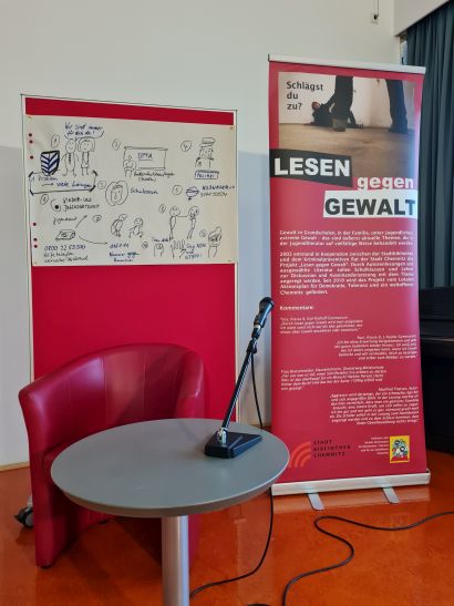Die Autorenbühne mit Sitzplatz, Informationsbanner und Plakat.