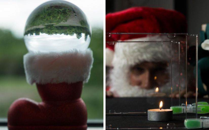 zwei Bilder von Experimenten: Weihnachtsstiefel mit Glaskugel und Weihnachtsmann mit Teelichten